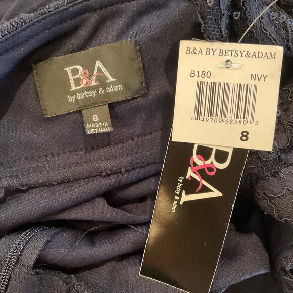 Betsy & Adam Sequined Lace Embellished Long Column Evening Gown Navy Blue Size 8 - Picture 11 of 13